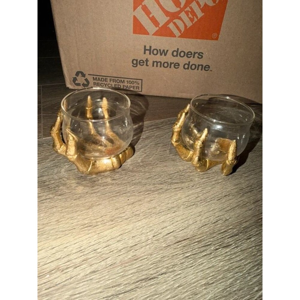Pair of Gold Glitter Skeleton Hand Glass Votive Candle Holders Gothic Halloween
